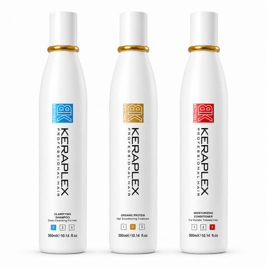 BK Keraplex Professional Brazilian Keratin Hair Treatment Kit 300ml, a 3-step hair smoothing and repair system including clarifying shampoo, organic protein collagen treatment, and deep moisturizing conditioner.