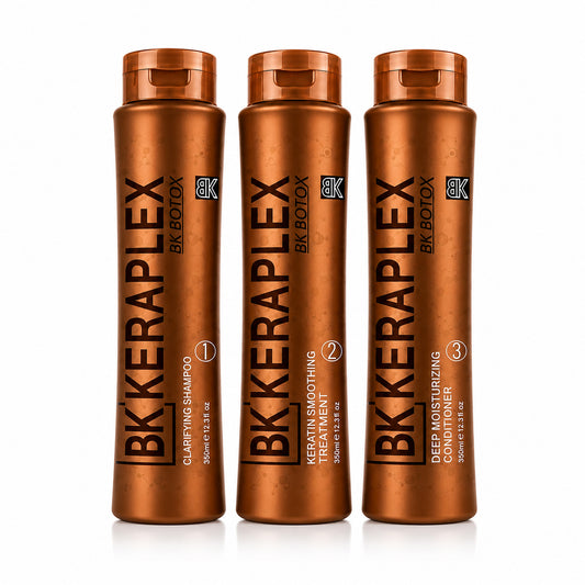 BK Keraplex Botox Brazilian Keratin Hair Treatment Kit 350ml, a 3-step professional hair smoothing and deep repair system including clarifying shampoo, organic protein collagen treatment, and deep moisturizing conditioner, barcode 5060907721571.