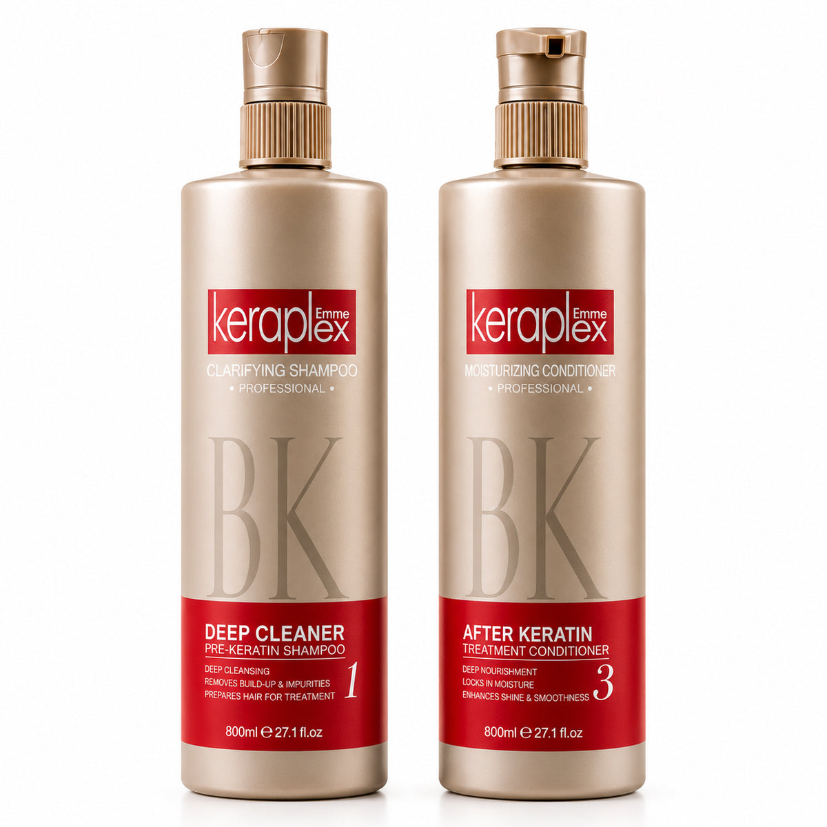BK Keraplex Professional Bundle featuring 800ml Clarifying Shampoo and 800ml Moisturizing Conditioner for pre-treatment and daily keratin hair maintenance.