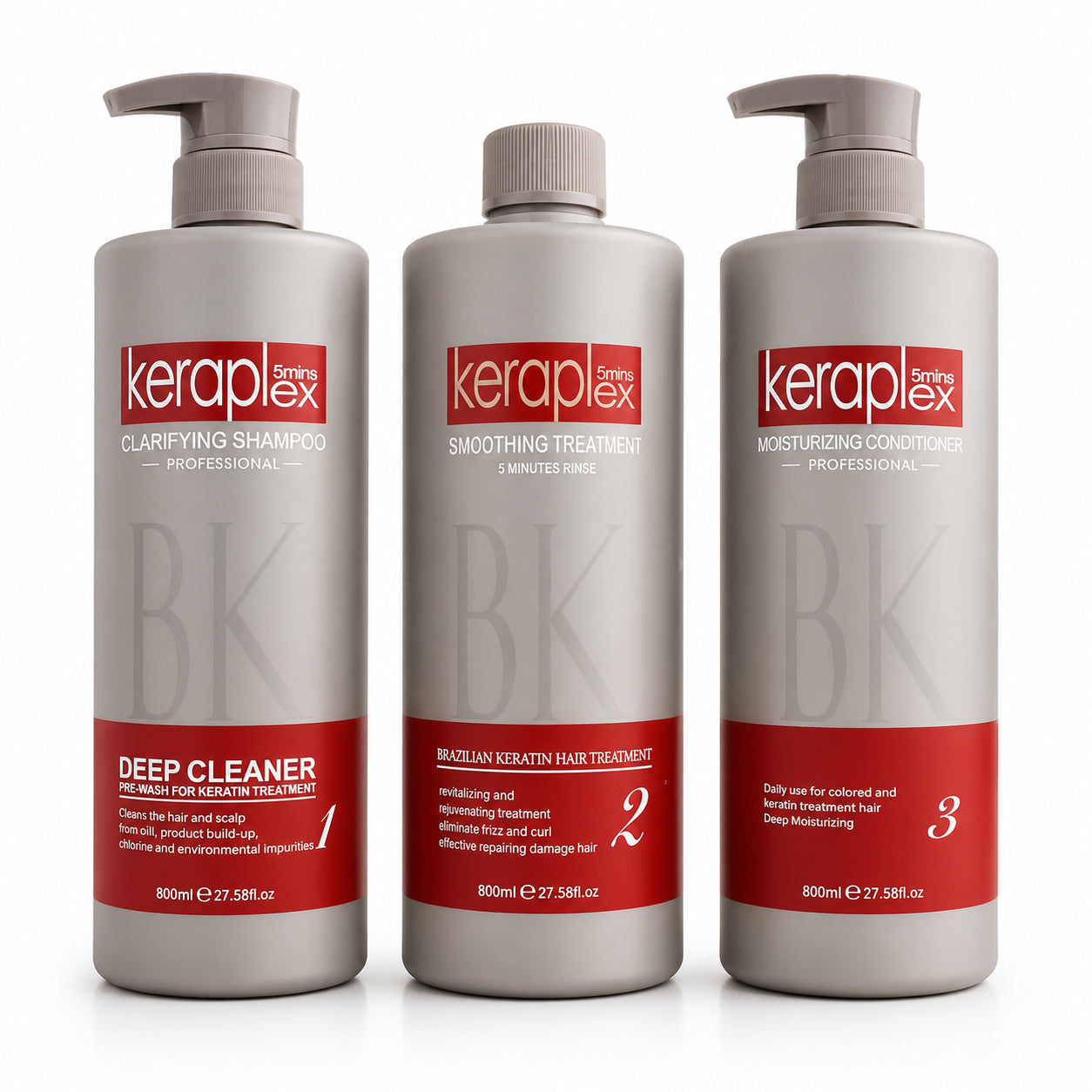 Clarifying Shampoo: BK Keraplex Clarifying Shampoo 800ml, professional deep-cleansing pre-wash for keratin treatment preparation, barcode 5060907721595.
Keratin Treatment: BK Keraplex Brazilian Keratin Hair Treatment 800ml, professional high-performance smoothing and damage repair system, barcode 506090772160.
Moisturizing Conditioner: BK Keraplex Moisturizing Conditioner 800ml, professional amino-deep care for keratin-treated hair, barcode 5060907721618.