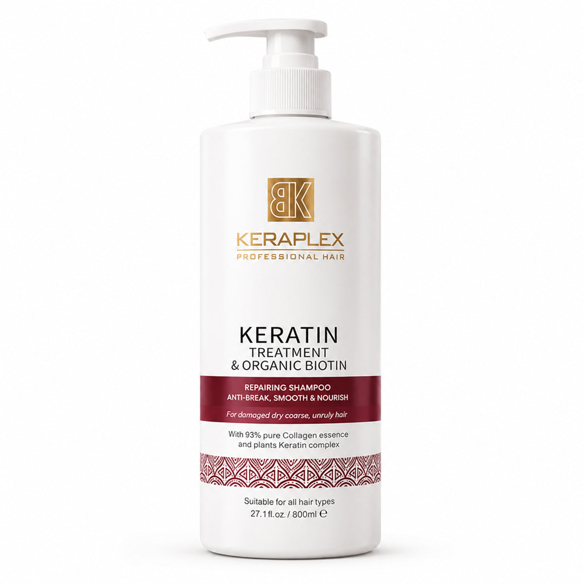 BK Keraplex Keratin Treatment & Organic Biotin Repairing Shampoo, 800ml professional anti-breakage and smoothing hair wash for damaged, dry, and coarse hair with collagen and plant keratin, barcode 5060907722066