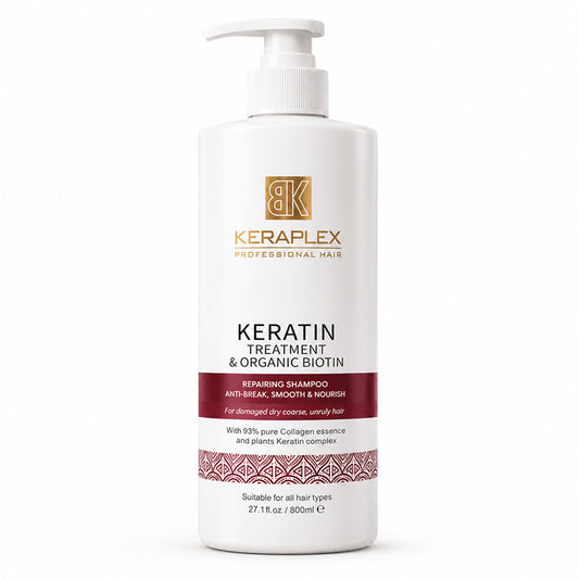BK Keraplex Keratin Treatment & Organic Biotin Repairing Shampoo, 800ml professional anti-breakage and smoothing hair wash for damaged, dry, and coarse hair with collagen and plant keratin, barcode 5060907722066