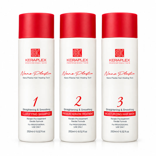 BK Keraplex Nanoplastia Treatment Kit 252ml x 3 professional hair healing and smoothing set with deep cleaning shampoo, premium keratin treatment, and moisturizing hair mask, barcode 5060972179635