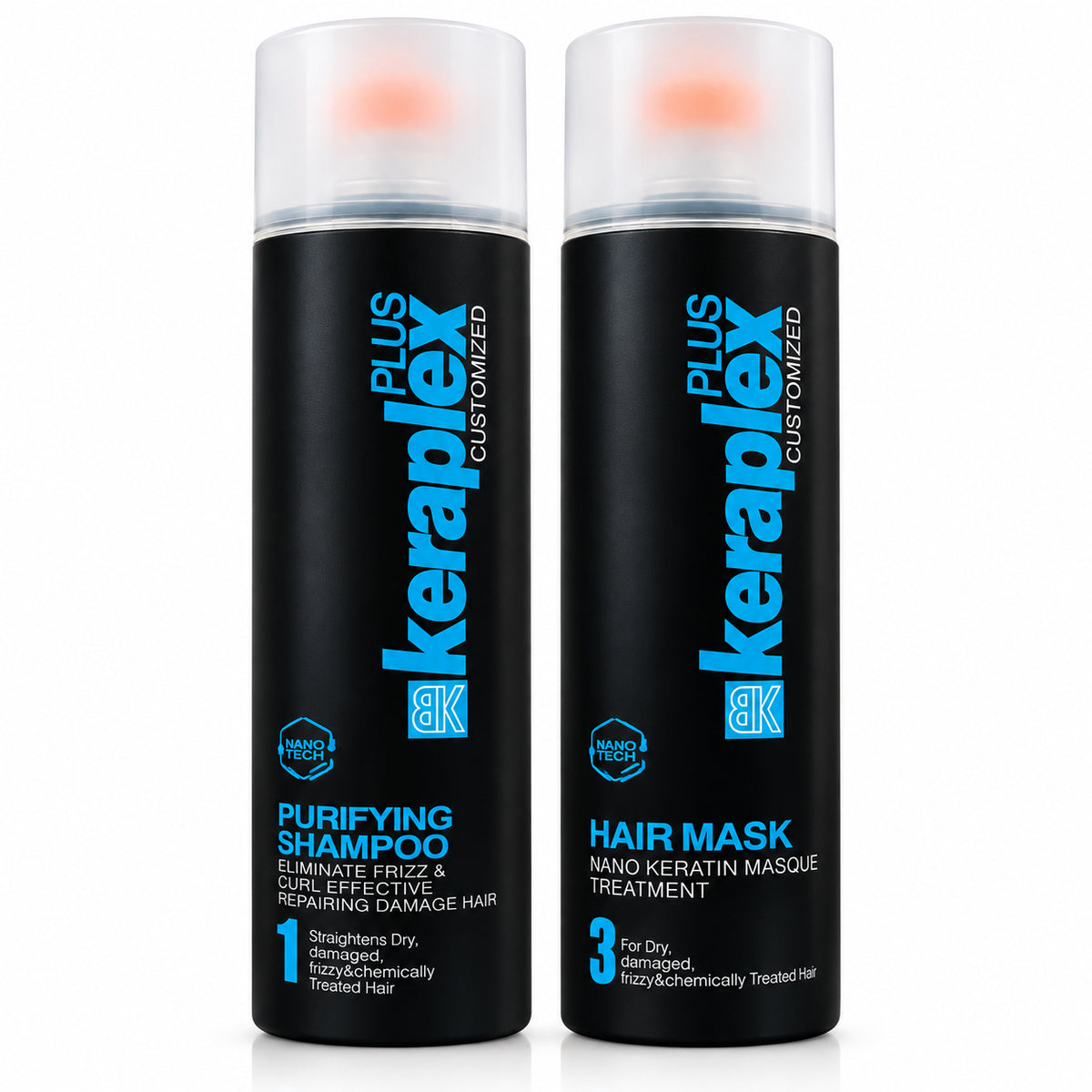 BK Keraplex Plus Nano Tech Purifying Shampoo and Nano Tech Hair Mask 1000ml professional professional bundle for straightening, repairing, and smoothing frizzy or chemically treated hair.