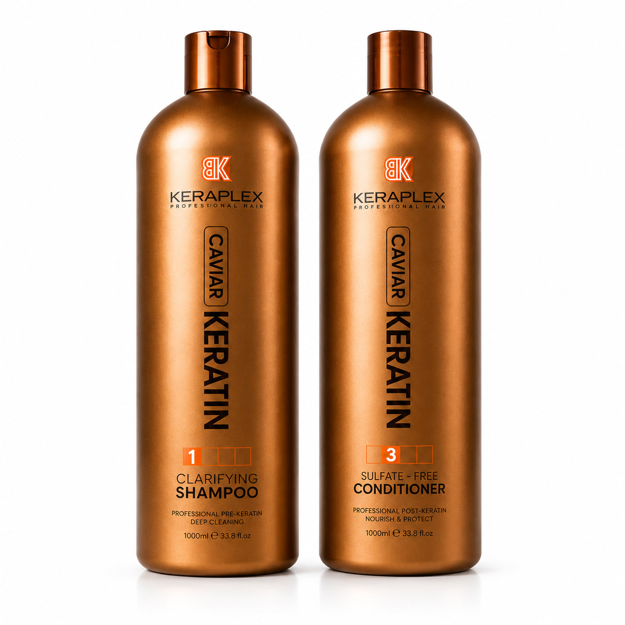 BK Keraplex Caviar Keratin Professional Bundle, featuring 1000ml Clarifying Shampoo and 1000ml Sulfate-Free Conditioner for pre-treatment and daily keratin maintenance. Shampoo 5060907721656, Conditioner 5060907721670