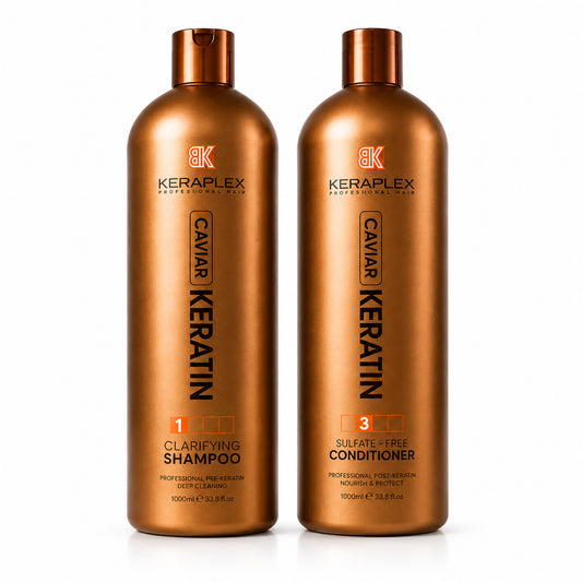 BK Keraplex Caviar Keratin Professional Bundle, featuring 1000ml Clarifying Shampoo and 1000ml Sulfate-Free Conditioner for pre-treatment and daily keratin maintenance. Shampoo 5060907721656, Conditioner 5060907721670