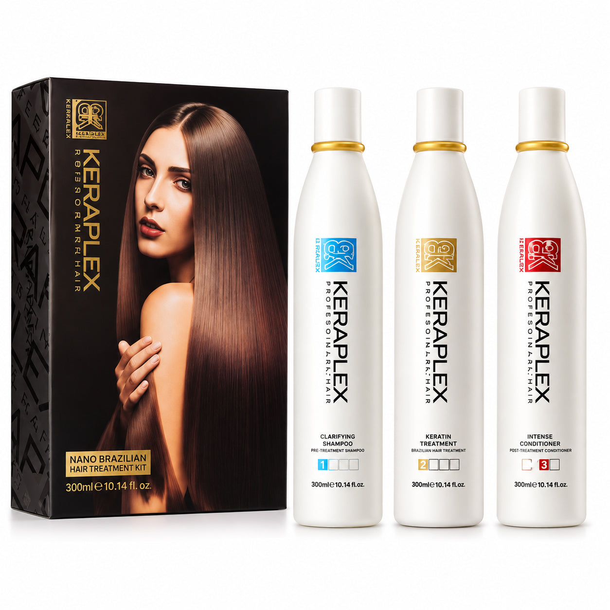 BK Keraplex Professional Brazilian Keratin Hair Treatment Kit 300ml, a 3-step hair smoothing and repair system including clarifying shampoo, organic protein collagen treatment, and deep moisturizing conditioner.