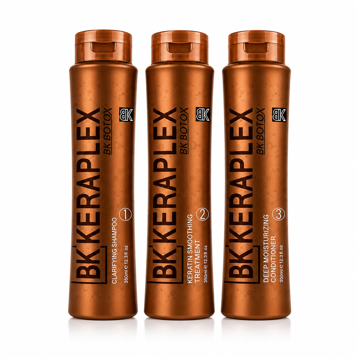 BK Keraplex Botox Brazilian Keratin Hair Treatment Kit 350ml, a 3-step professional hair smoothing and deep repair system including clarifying shampoo, organic protein collagen treatment, and deep moisturizing conditioner, barcode 5060907721571.