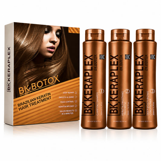 BK Keraplex Botox Brazilian Keratin Hair Treatment Kit 350ml, a 3-step professional hair smoothing and deep repair system including clarifying shampoo, organic protein collagen treatment, and deep moisturizing conditioner, barcode 5060907721571.
