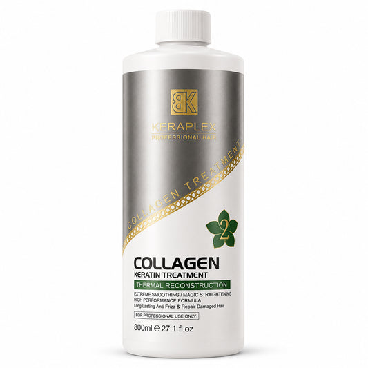 BK Keraplex Collagen Keratin Treatment 800ml, high-performance professional thermal reconstruction and magic straightening formula for long-lasting frizz control and repair, barcode 5060907728150.