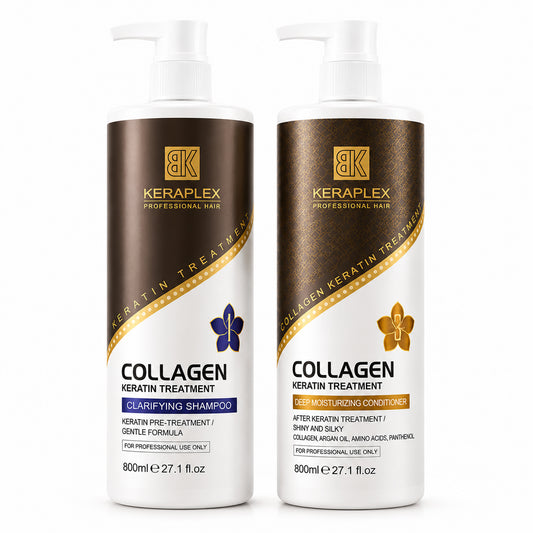 BK Keraplex Collagen Clarifying Shampoo & Deep Moisturizing Conditioner Bundle, 800ml duo for professional keratin pre-treatment and post-treatment maintenance, barcodes 5060907728143 and 5060907728167