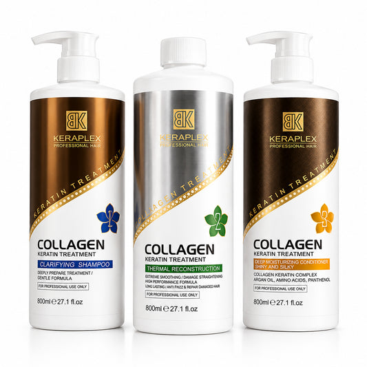 Clarifying Shampoo: BK Keraplex Collagen Clarifying Shampoo 800ml, professional deep-cleansing formula designed to open hair cuticles for keratin treatment preparation, barcode 5060907728143.
Keratin Treatment: BK Keraplex Collagen Keratin Treatment 800ml, professional high-performance thermal reconstruction and magic straightening formula for long-lasting frizz control and repair, barcode 5060907728150.
Conditioner: BK Keraplex Collagen Deep Moisturizing Conditioner 800ml, professional 5060907728167