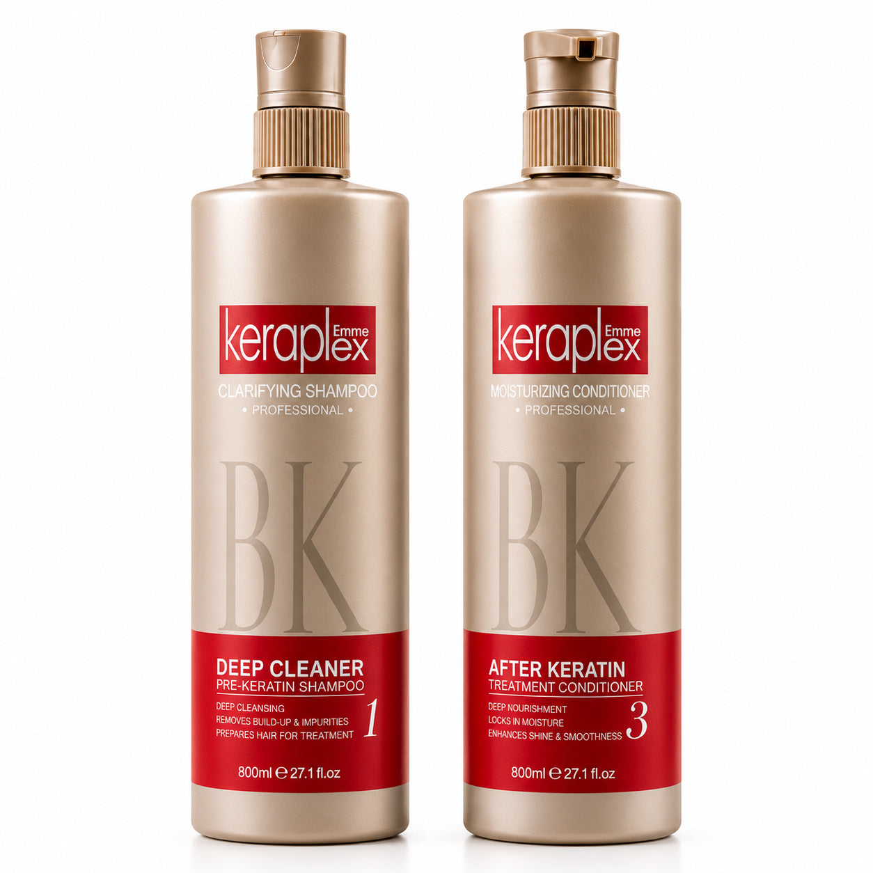 BK Keraplex Professional Bundle featuring 800ml Clarifying Shampoo and 800ml Moisturizing Conditioner for pre-treatment and daily keratin hair maintenance.