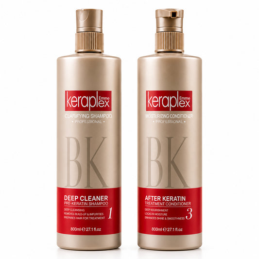 BK Keraplex Professional Bundle featuring 800ml Clarifying Shampoo and 800ml Moisturizing Conditioner for pre-treatment and daily keratin hair maintenance.