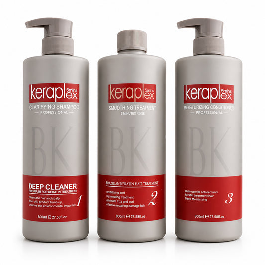 Clarifying Shampoo: BK Keraplex Clarifying Shampoo 800ml, professional deep-cleansing pre-wash for keratin treatment preparation, barcode 5060907721595.

Keratin Treatment: BK Keraplex Brazilian Keratin Hair Treatment 800ml, professional high-performance smoothing and damage repair system, barcode 506090772160.

Moisturizing Conditioner: BK Keraplex Moisturizing Conditioner 800ml, professional amino-deep care for keratin-treated hair, barcode 5060907721618.