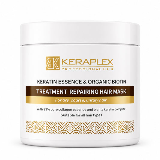 BK Keraplex Keratin Essence & Organic Biotin Repairing Hair Mask, 500ml professional treatment jar for dry, coarse, and unruly hair with collagen and plant keratin, barcode 5060907722028