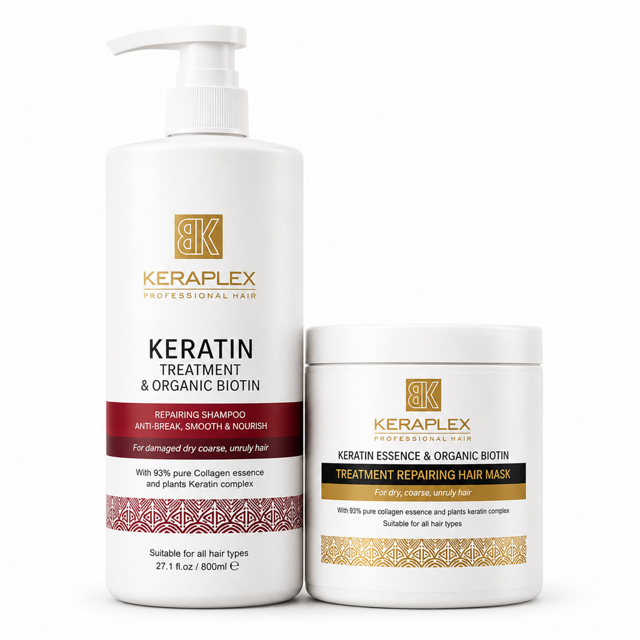 BK Keraplex Keratin Treatment & Organic Biotin Repairing Bundle, includes 800ml professional shampoo (barcode 5060907722066) and 500ml intensive repairing mask (barcode 5060907722028) for damaged, dry, and coarse hair