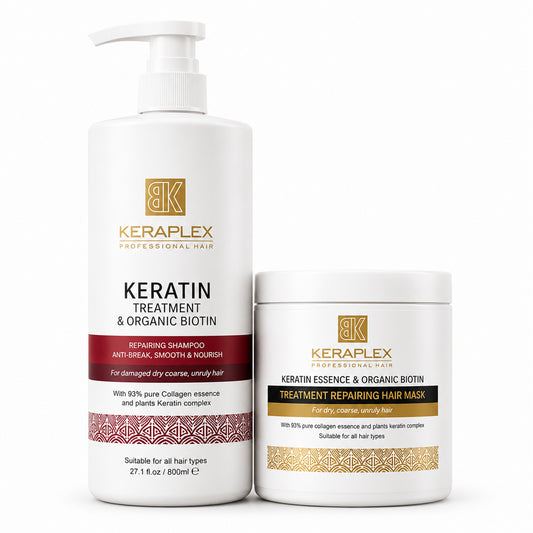BK Keraplex Keratin Treatment & Organic Biotin Repairing Bundle, includes 800ml professional shampoo (barcode 5060907722066) and 500ml intensive repairing mask (barcode 5060907722028) for damaged, dry, and coarse hair