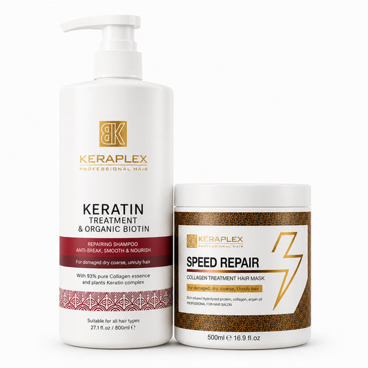 BK Keraplex Keratin & Organic Biotin Repairing Shampoo and Speed Repair Collagen Mask Bundle, includes 800ml professional shampoo (barcode 5060907722066) and 500ml intensive repairing mask (barcode 5060907728174) for damaged, dry, and coarse hair.