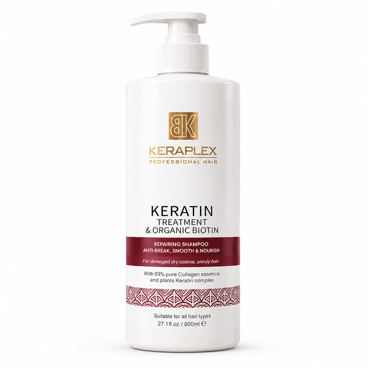 BK Keraplex Keratin Treatment & Organic Biotin Repairing Shampoo, 800ml professional anti-breakage and smoothing hair wash for damaged, dry, and coarse hair with collagen and plant keratin, barcode 5060907722066