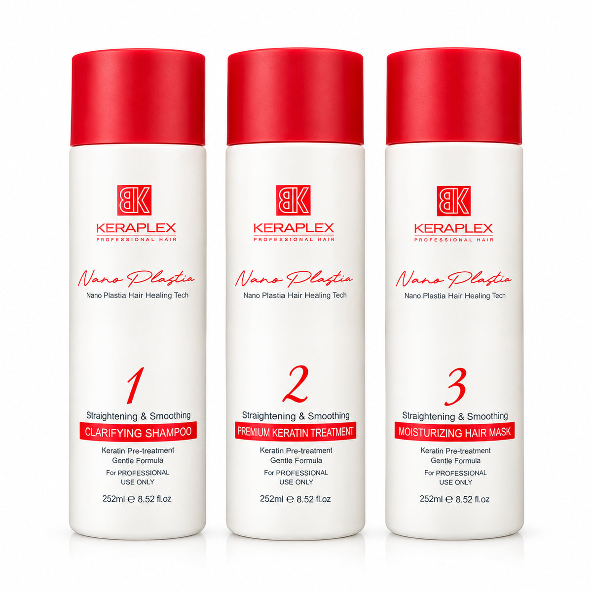 BK Keraplex Nanoplastia Treatment Kit 252ml x 3 professional hair healing and smoothing set with deep cleaning shampoo, premium keratin treatment, and moisturizing hair mask, barcode 5060972179635