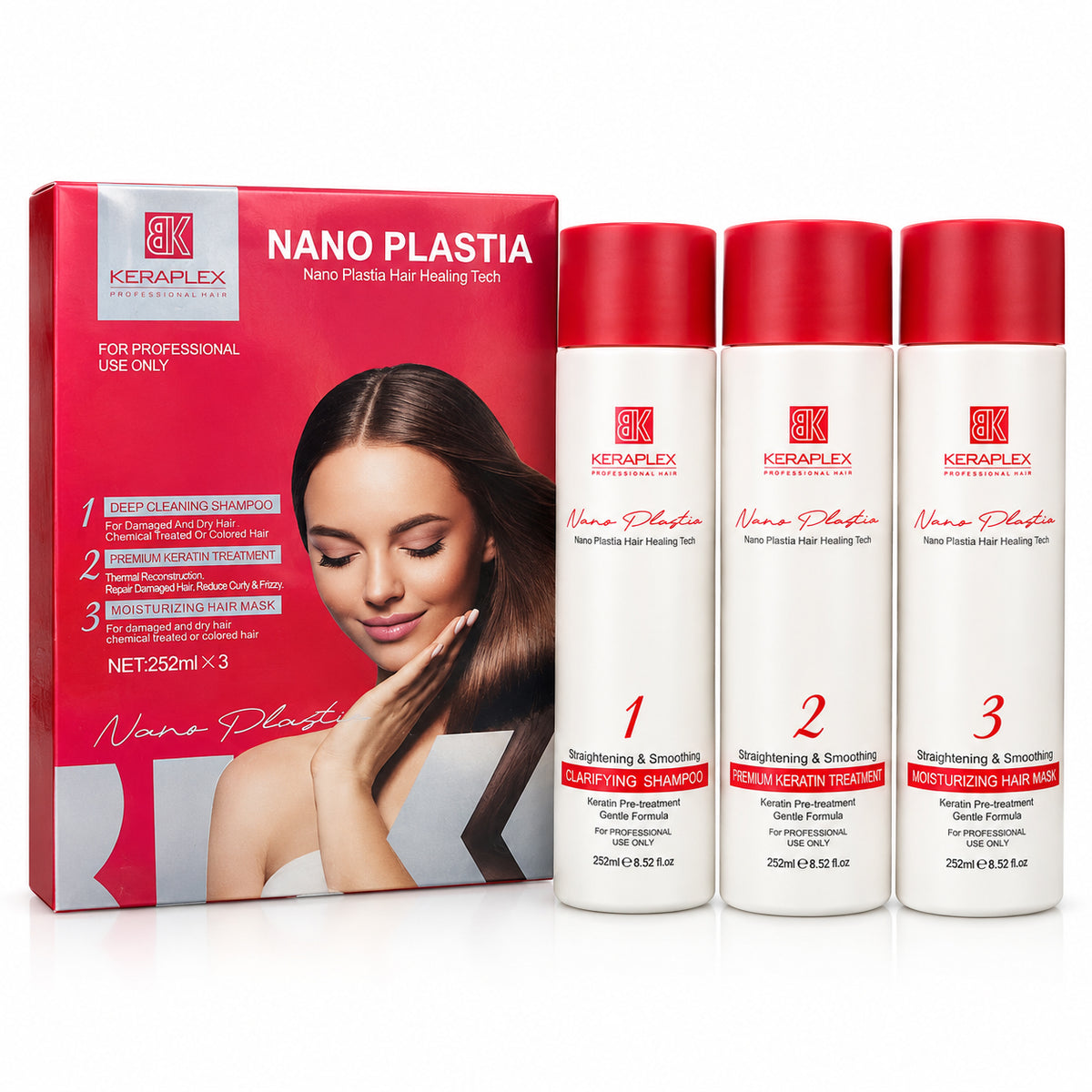 BK Keraplex Nanoplastia Treatment Kit 252ml x 3 professional hair healing and smoothing set with deep cleaning shampoo, premium keratin treatment, and moisturizing hair mask, barcode 5060972179635