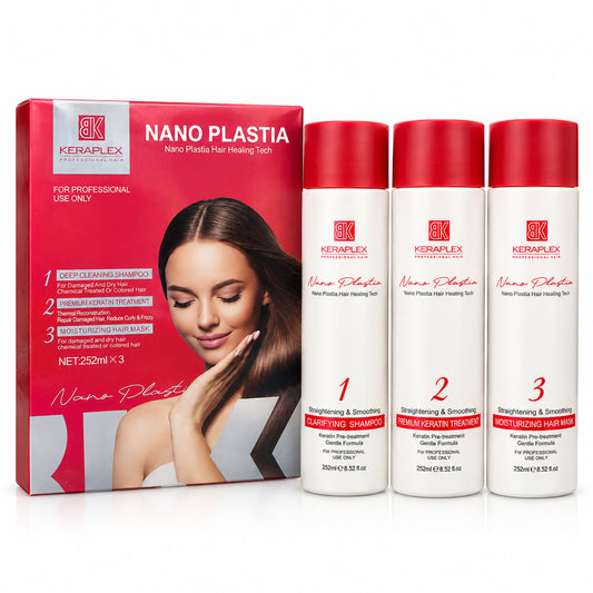 BK Keraplex Nanoplastia Treatment Kit 252ml x 3 professional hair healing and smoothing set with deep cleaning shampoo, premium keratin treatment, and moisturizing hair mask, barcode 5060972179635