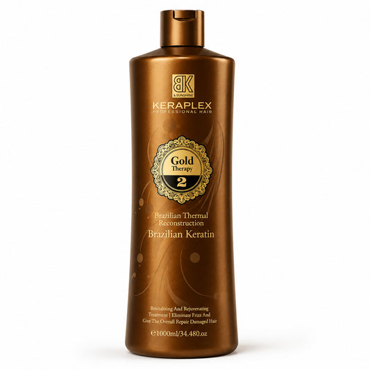 BK Keraplex Gold Therapy Brazilian Thermal Keratin 1L, professional thermal reconstruction and revitalizing treatment for frizz-free, straight, and repaired hair, barcode 5060907721631