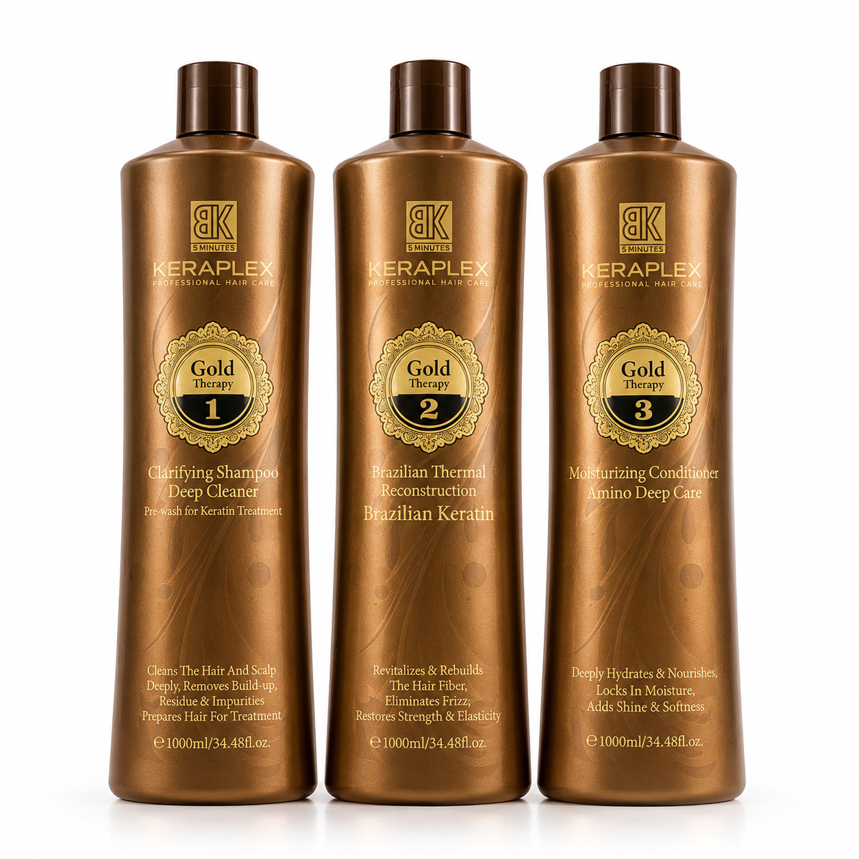 BK Keraplex Gold Therapy Brazilian Thermal Keratin Kit, 3-step professional smoothing and reconstruction treatment set for straight, shiny, and frizz-free hair