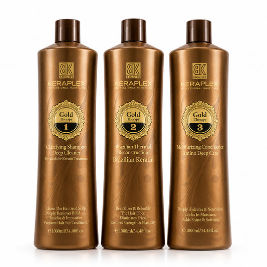BK Keraplex Gold Therapy Brazilian Thermal Keratin Kit, 3-step professional smoothing and reconstruction treatment set for straight, shiny, and frizz-free hair