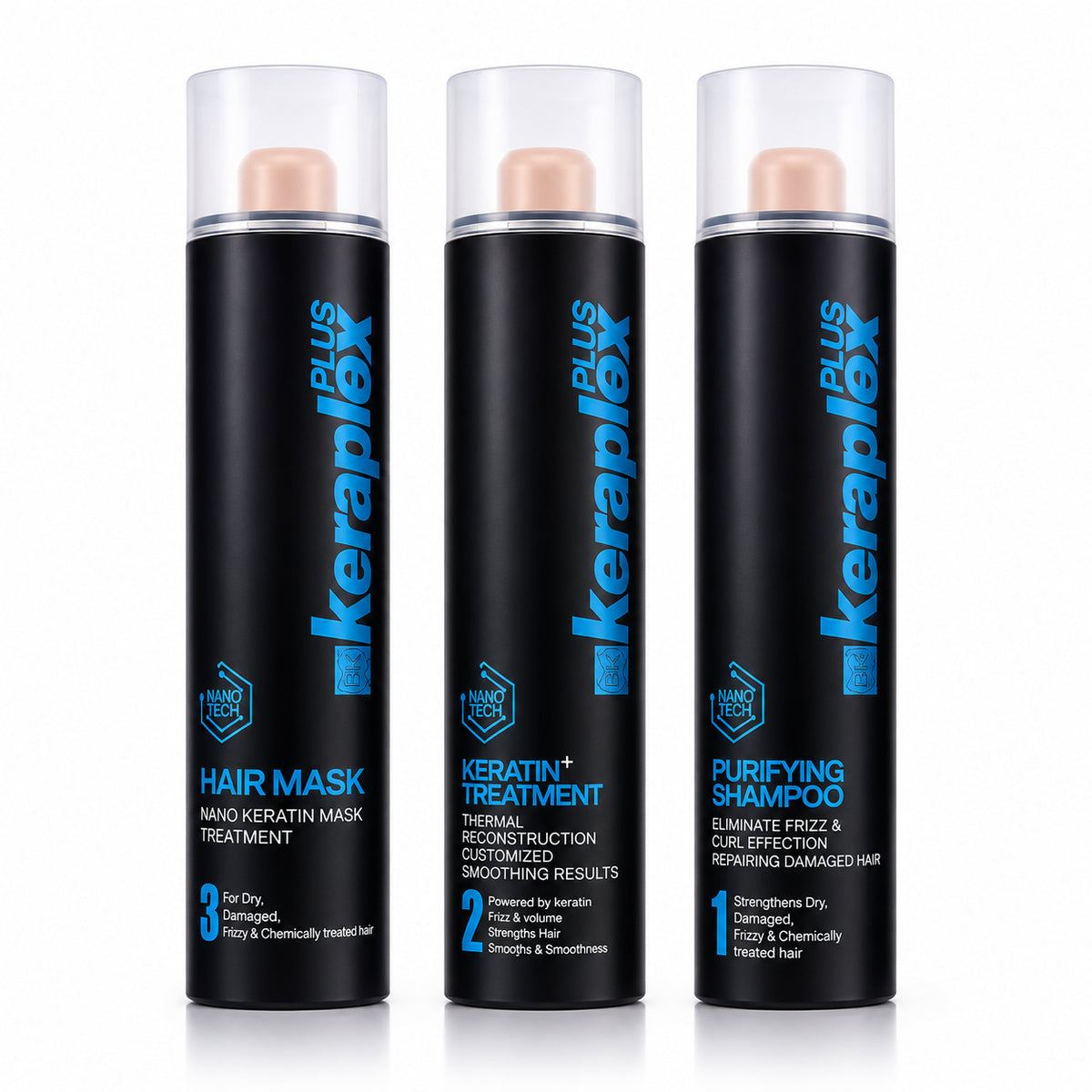 BK Keraplex Plus Nano Tech Keratin Treatment Kit 1000ml x 3 professional set featuring purifying shampoo, thermal re-construction keratin, and hair mask for straightening and repairing damaged hair