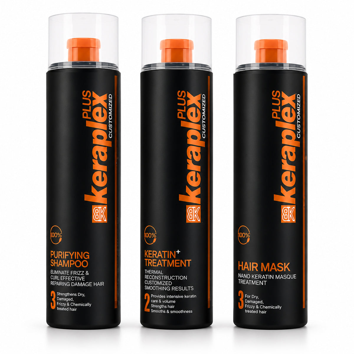 BK Keraplex Plus Botox Keratin Treatment Kit 1000ml x 3 professional set featuring purifying shampoo, thermal re-construction keratin, and hair mask for straightening and repairing damaged hair