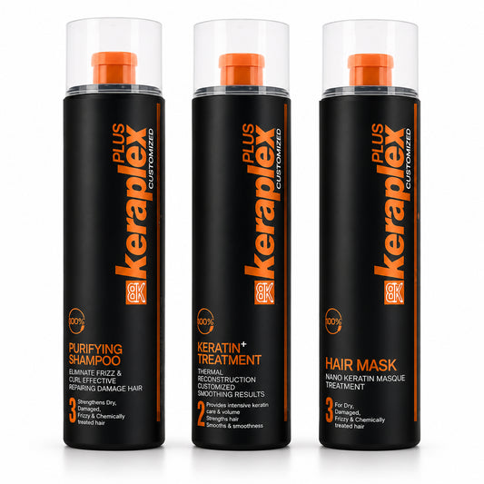 BK Keraplex Plus Botox Keratin Treatment Kit 1000ml x 3 professional set featuring purifying shampoo, thermal re-construction keratin, and hair mask for straightening and repairing damaged hair
